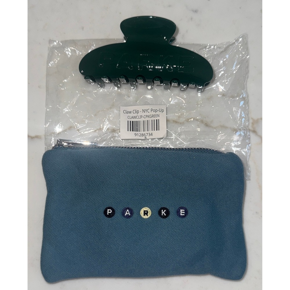 REAL! Parke NYC Pop-Up Claw Clip Central Park Green and Blue Knit Pouch Set NEW